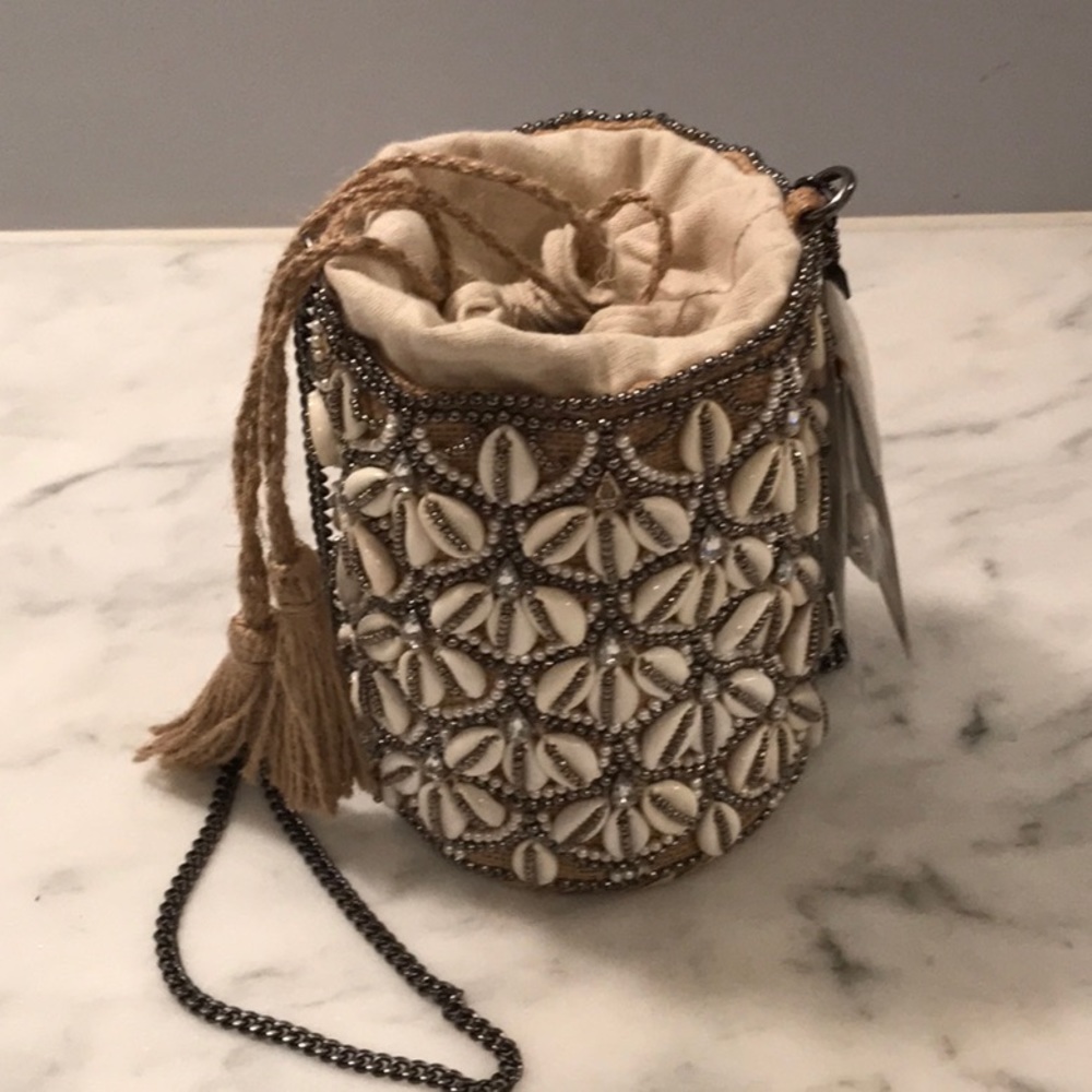 Zara Cream Shell-Embellished Bucket Bag